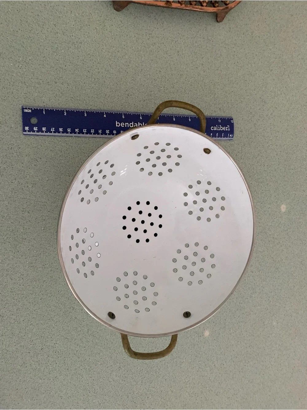 Vintage White Enamel stand Alone Colander with Brass Handles
